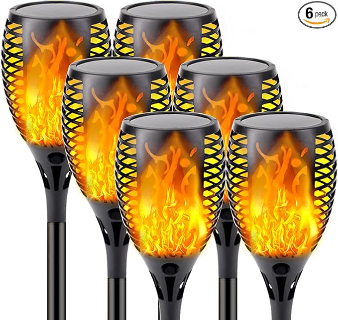 Solar Torch Lights with Flickering Flame Larger Size Solar Flame Lights | 6 Pack Upgraded Solar Lights Outdoor for Halloween Decor, Waterproof Solar Tiki Torches Outdoor for Garden Yard Pathway Patio