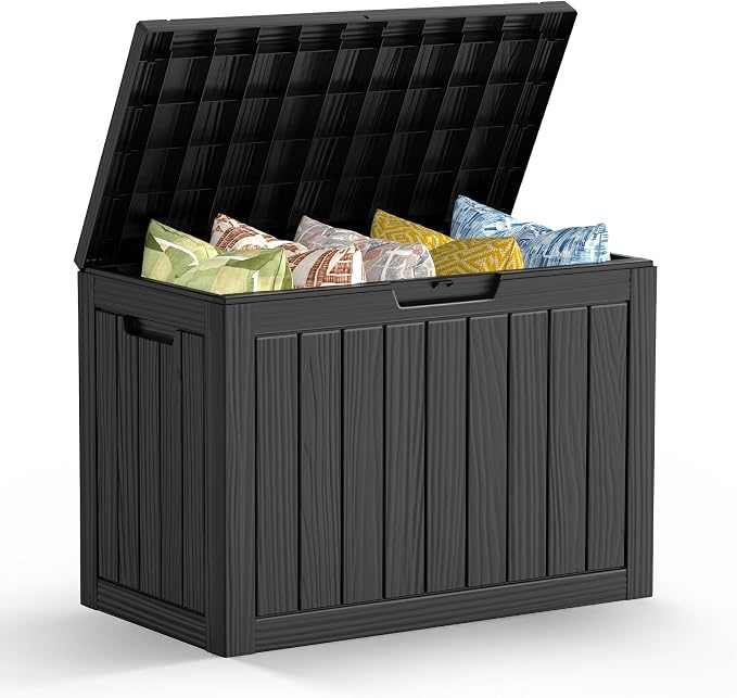 Mars Villa 45 Gallon Deck Box, Resin Outside Storage Box Waterproof for Patio Furniture Pillows, Pool Supplies, Gardening Tools, Indoor and Outdoor, Weatherproof and UV Resistant, Black