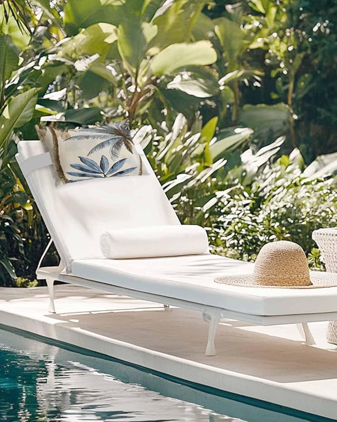 Palm Trees Outdoor Chaise Lounge Chair Head Pillow,1 Pack Headrest Lumbar Throw Pillows Cover Case with Insert and Elastic Band for Pool Beach,Blue Brown Vintage Watercolor Tropical 11"x16"