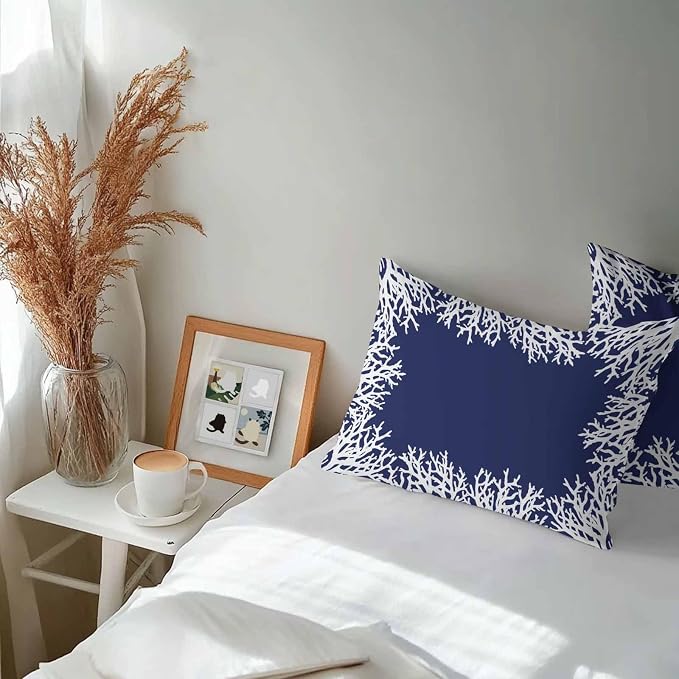 Vandarllin Outdoor Throw Pillows Covers 20x12 inch Set of 2 Waterproof Navy Blue Coral Decorative Zippered Cushion Covers for Patio Furniture, Coastal Marine Life Lumbar Pillowcases