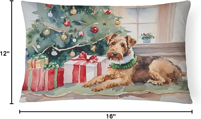 Caroline's Treasures DAC2588PW1216 Airedale Terrier Cozy Christmas Throw Pillow Machine Washable, Indoor Outdoor Decorative Pillow for Couch, Bed or Patio, 12HX16W