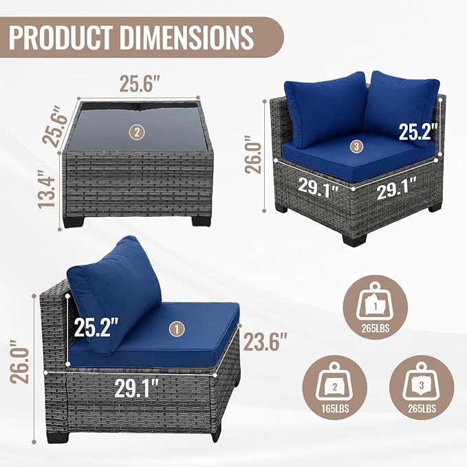 7 Pieces Outdoor Wicker Patio Furniture Set, Patio Conversation Sectional Set with Cushions & Coffee Table, All Weather PE Rattan Patio Sofa with Tea Table for Backyard Porch Garden (Navy-blue)