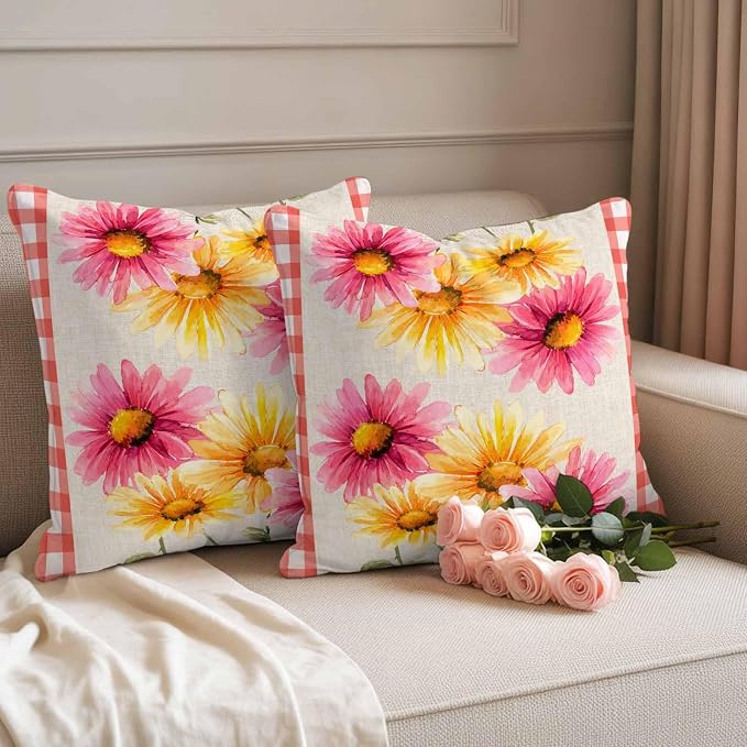 Yellow Pink Daisy Outdoor Pillow Covers 26"x26" Set of 2, Rustic Farmhouse Red Buffalo Plaid Waterproof Throw Pillow Covers for Patio Furniture, Decorative Cushion Covers for Porch