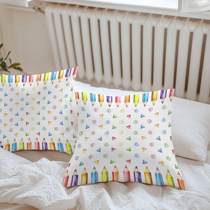 Back to School Waterproof Outdoor Pillow Covers Set of 2 Home Decor, Funny Colorful Pencil Building Blocks Pillowcase Patio Pillow Covers for Couch Bench Furniture Garden 18x18in