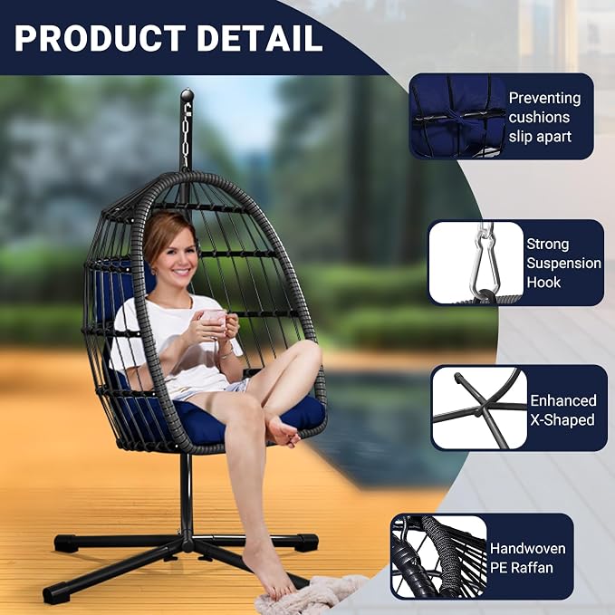 CHABATREE Egg Chair with Stand,Patio Rattan Wicker Hanging Swing Egg Chair Hammock Chair for Porch Garden,Thickened Aluminum Alloy Steel Frame and UV Resistant Cushion,350LBS Capacity(Dark Blue)