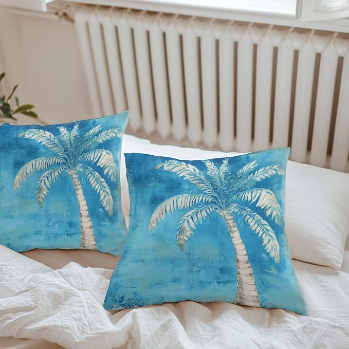 Coastal Beach Tree Blue Outdoor Waterproof Pillow Covers, Vintage Summer Palm Tree Decorative Square Throw Pillowcase, Tropical Botanical Sofa Cushion Sham for Patio/Couch/Chair, 18"x18" 2 Pack