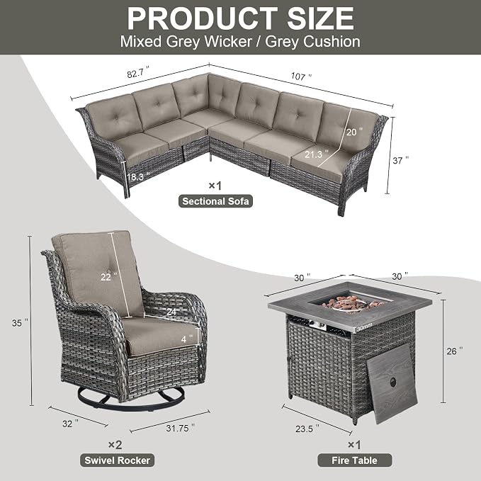 Belord Patio Furniture Set with Fire Pit Table, Outdoor Swivel Rocker Patio Chairs, Oversized Outdoor Sectional Couch, Two 3-Seater Sofas with Coffee Table, Ideal for Porch, Deck, Gray Wicker/Gray