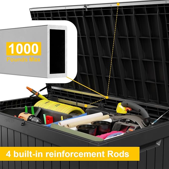 ROJIK 280 Gallon Waterproof Outdoor Deck Storage Box, Lockable Resin Patio Storage Bin with Lid for Garden Tools, Patio Cushions & Outdoor Accessories(Black)