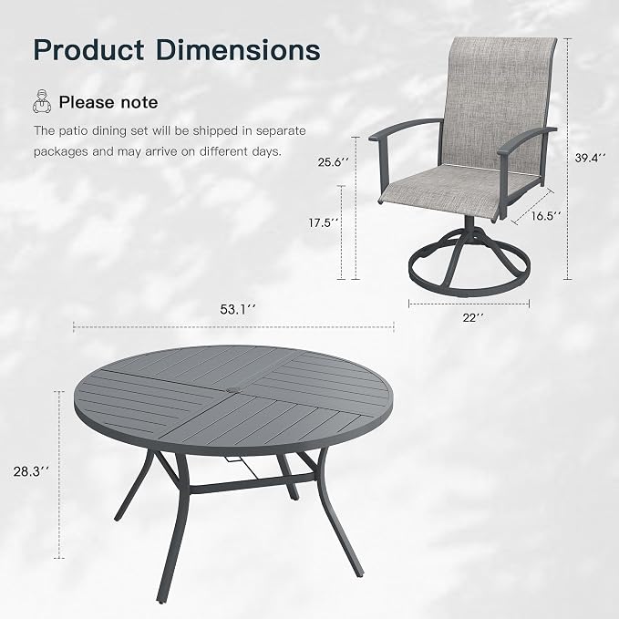 VICLLAX 7 Pieces Patio Outdoor Dining Set, 6 Swivel Textilene Chairs and 53" Round Metal Table with Umbrella Hole for Porch, Deck, Garden, Dark Gery/Grey