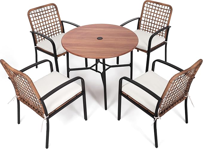 5 Pieces Patio Dining Set, Boho Wicker Outdoor Dining Set with Umbrella Hole, Round Rattan Table and 4 Chairs with Cushions for Garden Backyard