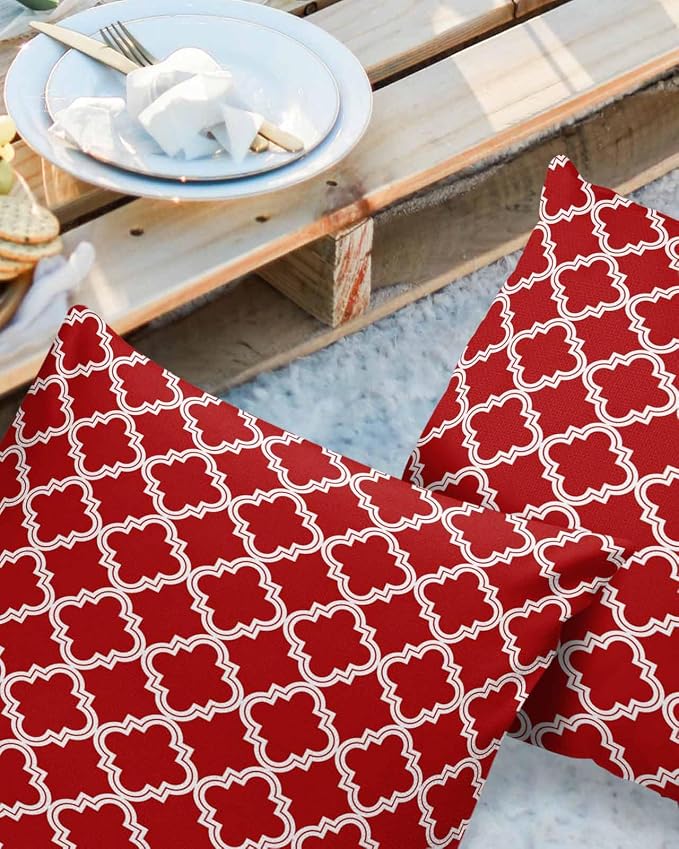 Outdoor Waterproof Pillow Covers for Patio Furniture Moroccan Pattern Decorative Throw Pillow Cover Geometric Trellis Red Pillowcases Set of 2 Cushion Case for Sofa Couch Chair Home Decor 20x20 inch