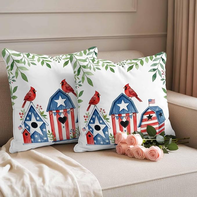 American Flag Bird House Outdoor Pillow Covers Waterproof, All Weather Cushion Case Set of 2, Green Eucalyptus Leaves 250th Decorative Pillowcases for Sofa Couch Bed Decor Patio Furniture 16"x16"
