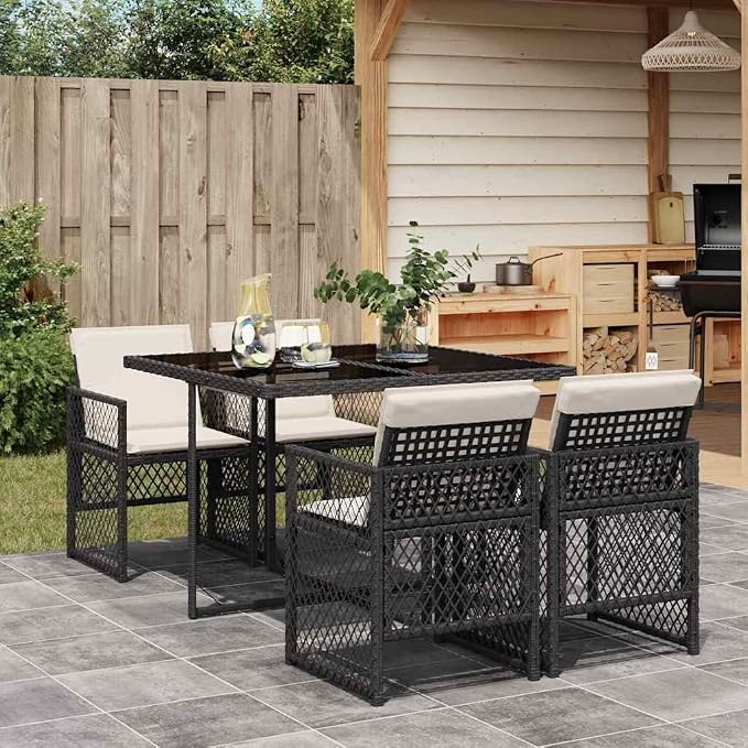 5-Piece Garden Dining Set with 4 Chairs and Glass Top Table, Modern Poly Rattan Patio Furniture Set with Cream Cushions for Outdoor Backyard and Terrace, Black