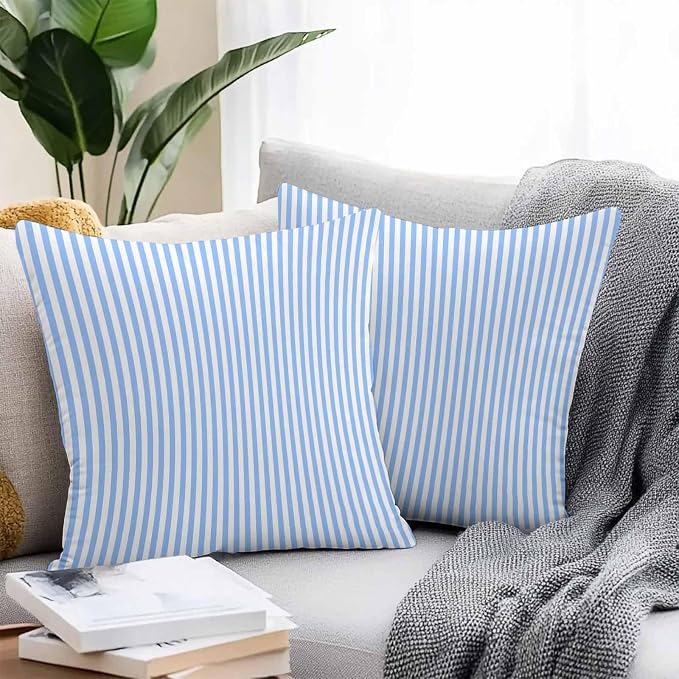 Pack of 2 Striped Outdoor Pillow Waterproof Covers 18x18 inch, Blue Ocean Polyester Throw Pillow Covers Garden Cushion Decorative Case for Patio Couch Decoration Set of 2