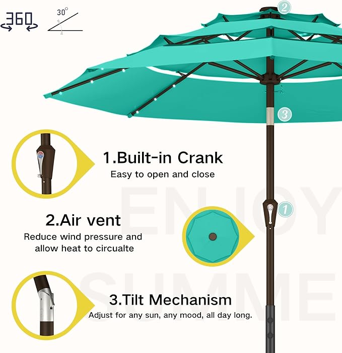 Kingdura 9ft 3-Tier Patio Umbrella with Solar Lights, Table Umbrella Outdoor Patio with Easy Crank & Tilt, 8 Sturdy Ribs, UV Protection, 32 LED Lights for Deck, Poolside, Market (Tiffany blue)