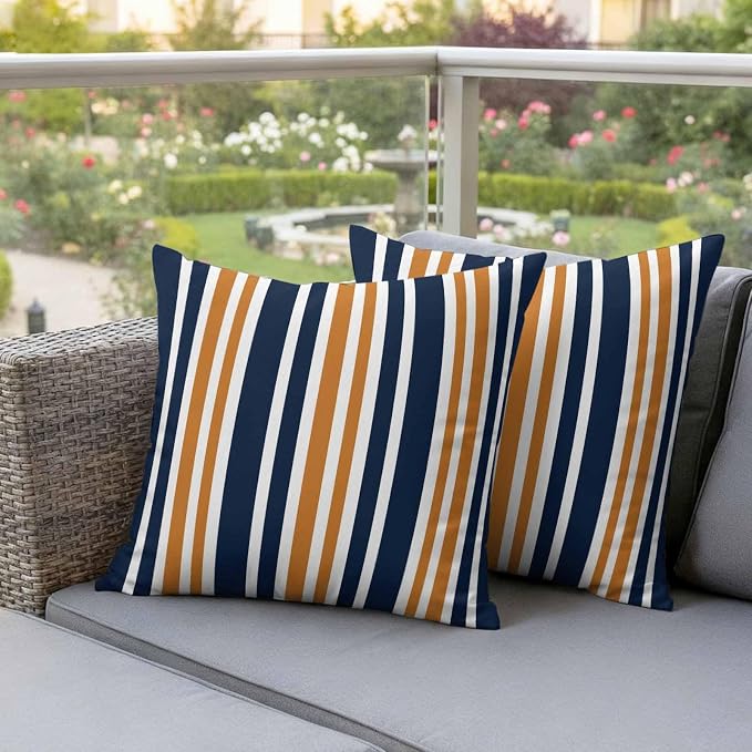 Waterproof Pillow Covers Set of 2,Orange Dark Blue Striped Outdoor Pillow Protectors with Zipper Pillowcases for Patio Tent Garden Beach 18x18 Inches Modern Minimalist Art