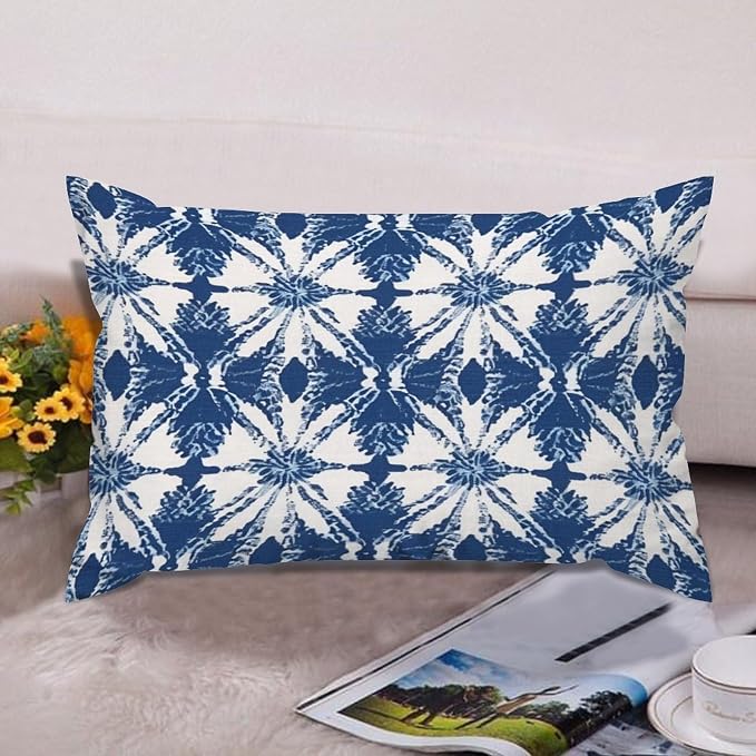 Set of 2 Indigo Blue Trellis Pillow Covers 12x18in Farmhouse Canvas Cushion Covers Outdoor for Couch Chair Home Decor for Family Friends