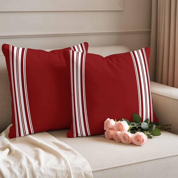 Outdoor Pillow Covers 16x16 Set of 2 Burgundy Red Stripe Outdoor Pillows Waterproof Throw Pillow Covers French Stripe Farmhouse Style Pillowcases Decorative Case for Patio Cushion