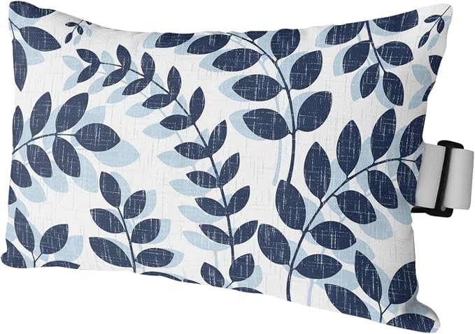 Chaise Lounge Headrest Pillow 1 Pack, Navy Blue Leaves Waterproof Chair Pillows with Insert & Adjustable Elastic Strap for Beach Recliner, Summer Farmhouse Botanical Boho Branch Outdoor Patio Pillow