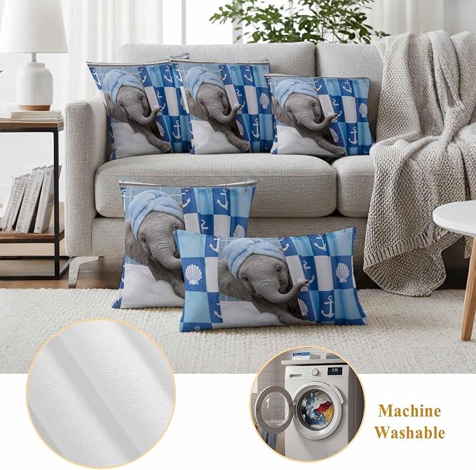 Bathing Elephant Waterproof Outdoor Pillow Covers Set of 2 Home Decor, Funny Animal Showering Pillowcase Patio Pillow Covers for Couch Bench Patio Furniture Garden 18x18in