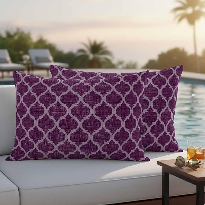 Dark Purple Moroccan Outdoor Pillow Covers 20x12 Inch Lumbar Pillow Covers Set of 2 Waterproof Decorative Throw Pillow Cases Country Abstract Quatrefoil Lattice Cushion Covers for Patio Furniture