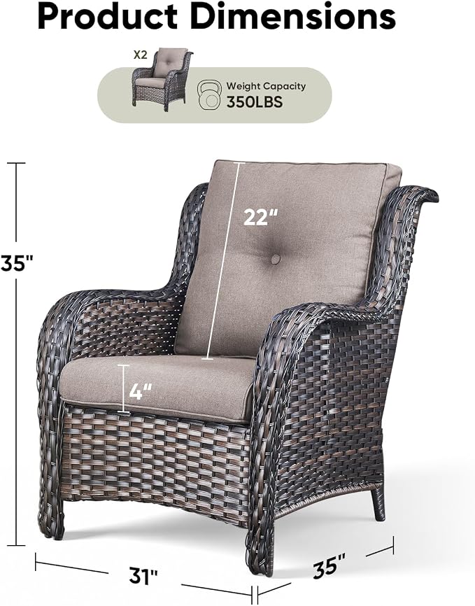Rilyson Outdoor Wicker Patio Chairs Set of 2: Rattan Dining and Porch Chairs with High Back and Deep Seating (Brown/Grey)