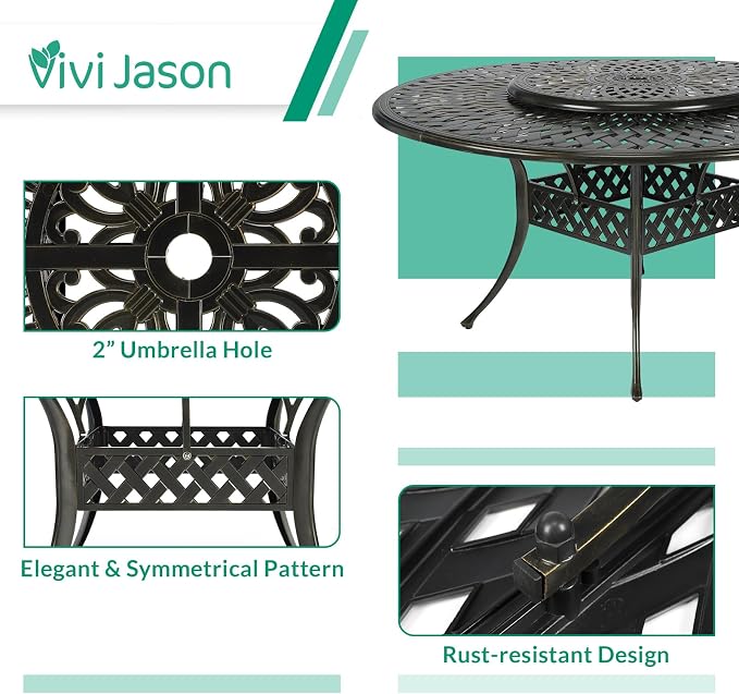 VIVIJASON 9-Piece Patio Furniture Dining Set, Rust-Free Cast Aluminum Outdoor Conversation Set, Include 8 Swivel Dining Chairs & 61" Round Dining Table with 31" Lazy Susan, Umbrella Hole, Khaki