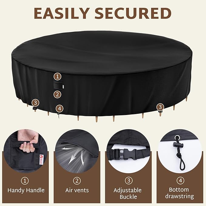iBirdie Round Patio Furniture Cover 120 x 34 inch, 10 ft, Outdoor Waterproof and Weatherproof for Garden Table and Chairs, Heavy Duty 600D, fit 120, 118, 116, 115 Diameter