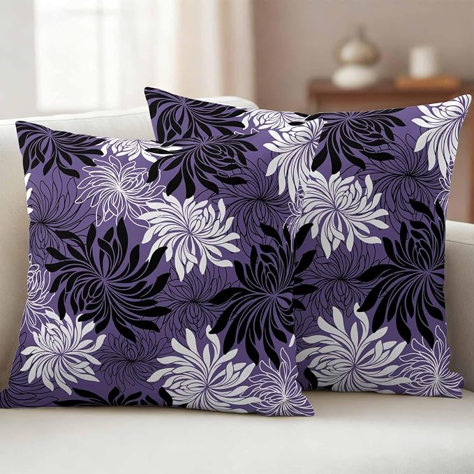 Yukro Purple Black Floral Outdoor Waterproof Pillow Covers Pack of 2, Vintage White Black Flower Purple Decorative Throw Pillowcases Cushion Covers for Garden Patio Tent Sofa Couch, 26x26 inch