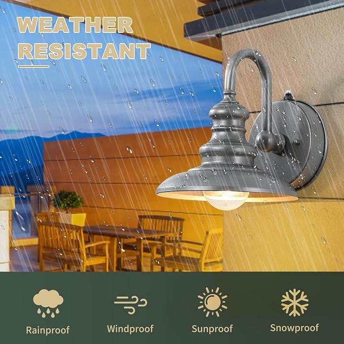 Dusk to Dawn Sensor Outdoor Gooseneck Barn Light Fixture Silver | Exterior Wall Sconce Lighting Waterproof Outside Porch Lantern Rustic Farmhouse Wall Mount Lamp for House Garage Patio