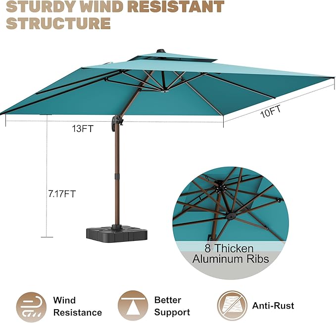 10x13FT Cantilever Outdoor Patio Umbrellas, Double Top Wood Pattern Rectangle Umbrella, Heavy Duty 360°Rotation Offset Umbrella for Garden Deck Pool Patio, Turquoise