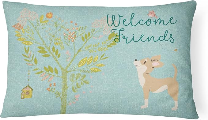 Caroline's Treasures BB7628PW1216 Welcome Friends Brown White Chihuahua Canvas Fabric Decorative Pillow Machine Washable, Indoor Outdoor Decorative Pillow for Couch, Bed or Patio, 12HX16W