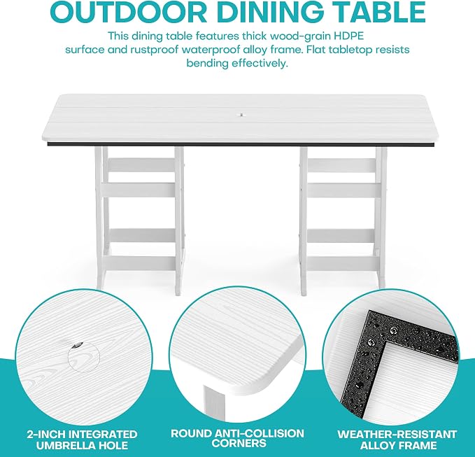 7-Piece Dining Set, HDPE Table & 6 Chairs, White | HDPE Dining Set: 69.1" Table + 6 Chairs, 380 lbs, 304 Stainless, All-Weather, No Rust No Crack, Outdoor Patio Garden