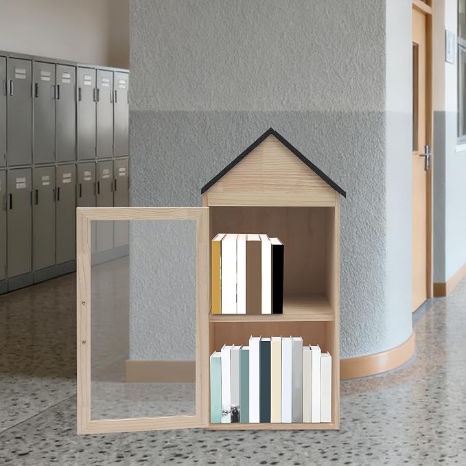 Outdoor Library Box, 13X11X30inch Wood Literature Exchange Box DIY Little Wood Cabinet with Waterproof Roof and Shelf for Outside Neighborhoods Community and Schools Sharing Books (Gable Roof)
