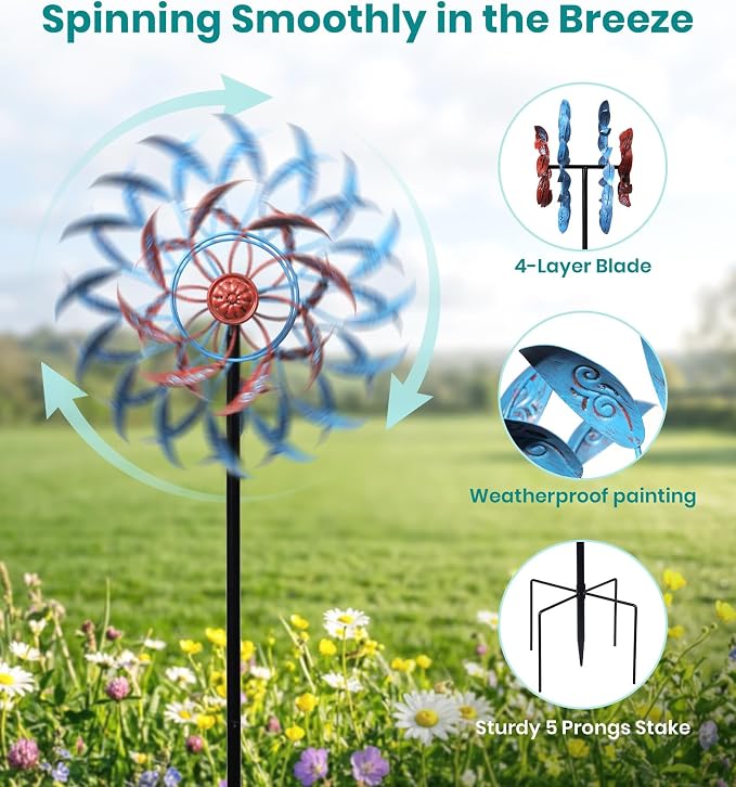 4 Layer Wind Spinner Metal Vine Scroll Kinetic Garden Yard Art Decor | Hand-Crafted Art, 4-layer vine scroll metal spinner, Whisper-quiet dual rotation, Adjustable height stake