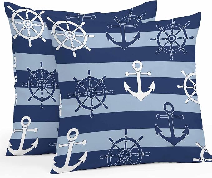 Nautical Ship Anchors Waterproof Outdoor Pillow Covers Set of 2 Home Decor, Navy Blue Horizontal Stripes Lumbar Pillowcase Patio Pillow Covers for Couch Bench Patio Furniture Garden 20x20in