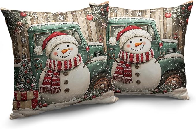 Christmas Snowman Pillow Covers 16x16 Set of 2 Green Xmas Truck Throw Pillow Covers Wooden Pattern Background Pillowcase Winter Holiday Cushion Case for Living Room Sofa Couch