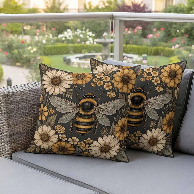 Outdoor Pillow Covers Waterproof, Bee Flowers Decorative Square Throw Pillowcases Patio Cushion Covers for Tent/Garden, 20" x 20" 2 Pack, Retro Country Animals Botanical Floral Plants
