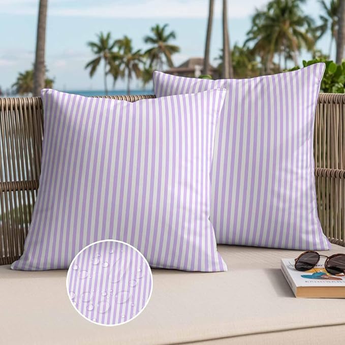 Throw Pillow Covers 24x24 Inch Set of 2, Purple White Stripe Waterproof Outdoor Cushion Covers, Modern Minimalist Geometric Striped Decorative Pillowcases for Couch, Sofa, Bed, Garden, Patio