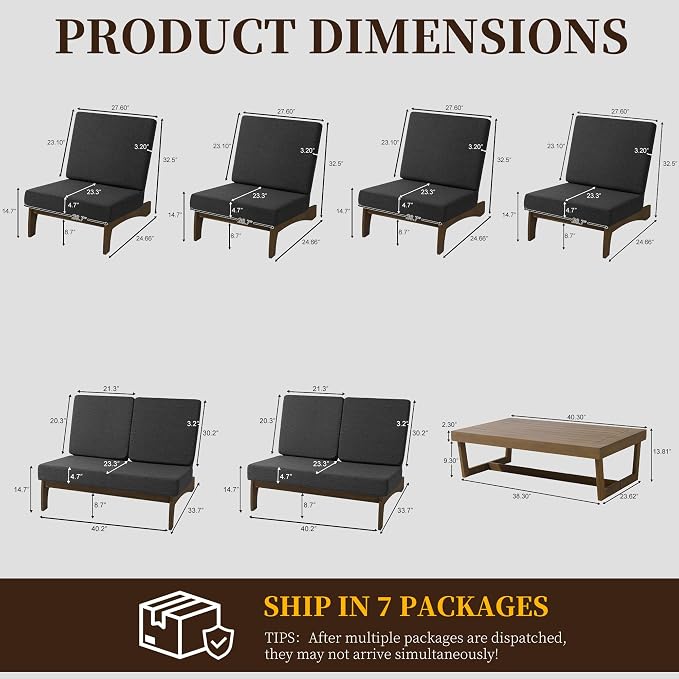 7 Pieces All Weather Wood Patio Furniture Sets, 2 Patio Loveseat, 4 Patio Bistro Chair, Outdoor Sectional Sofa Furniture Backyard Conversation Set with Coffee Table - Dark Gray