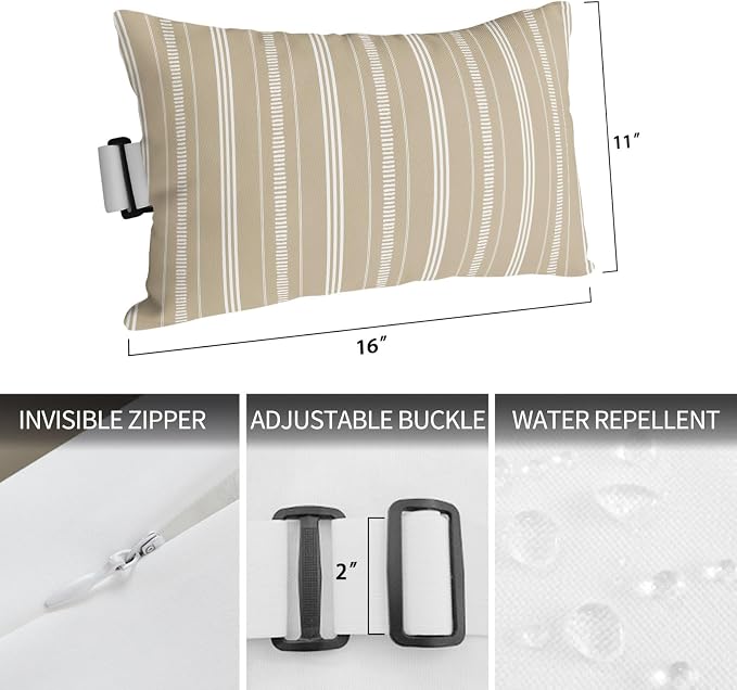 Outdoor Lumbar Pillow 11x16 Inch, Boho Beige Waterproof Throw Pillow Covers with Insert, Minimalist Farmhouse Striped Decorative Chair Cushions for Patio Garden Recliner