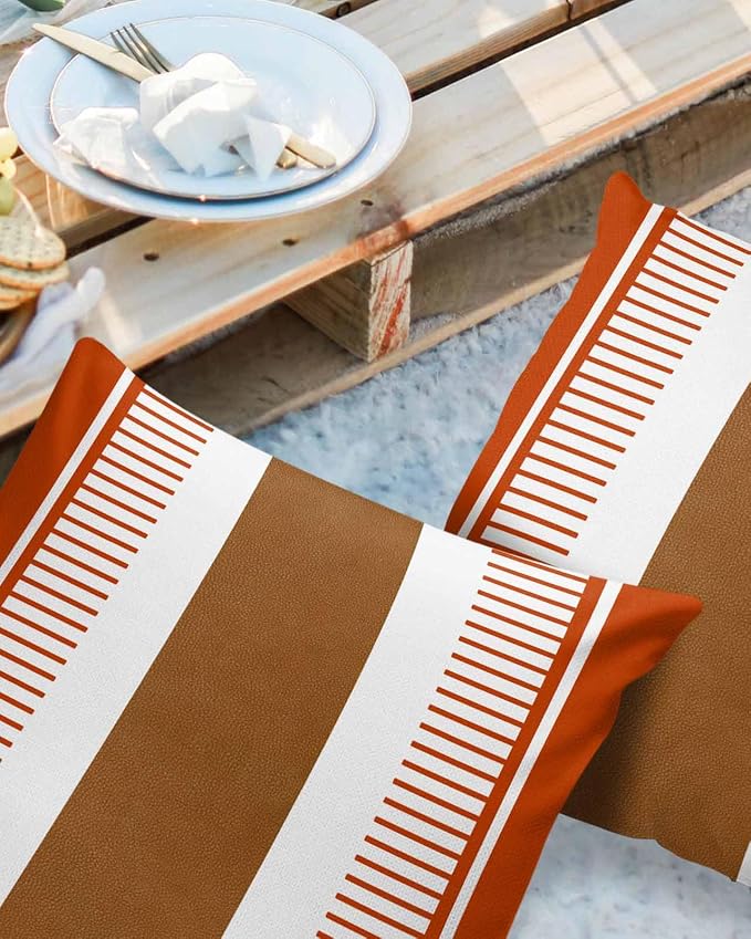 Outdoor Waterproof Throw Pillow Covers 24x24in, Boho Farmhouse Cushions for Garden Patio Furniture Chairs Set of 2, Modern Striped Textured Home Decor Couch Sofa Polyester Pillow Cases