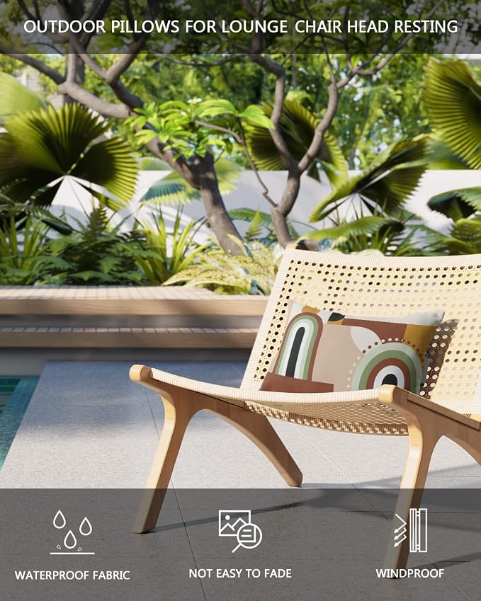 Chaise Lounge Head Resting Pillows Mid-Century Modern Art Geometric Abstract Brown Beige Outdoor Pillows Waterproof Patio Furniture Pillow with Adjustable Elastic Stripe for Recliner Beach Chairs