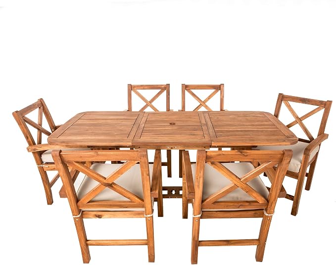 Walker Edison Maui Classic 7 Piece Acacia Wood Outdoor Dining Set with X Back Chairs, Set of 7, Brown