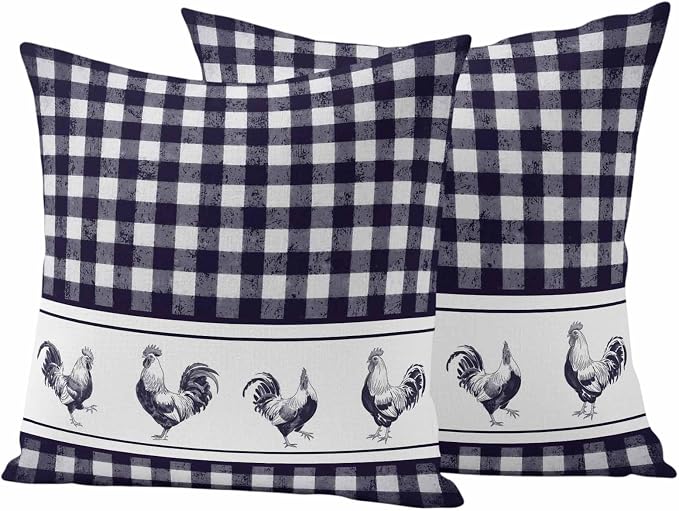 Outdoor Waterproof Throw Pillow Covers Set of 2 Chicken Cock Rooster Pillowcases 18x18 Inches Farmhouse Animal Purple Buffalo Plaid Decorative Pillows Cushion Case Patio Pillows for Couch Bed Chair