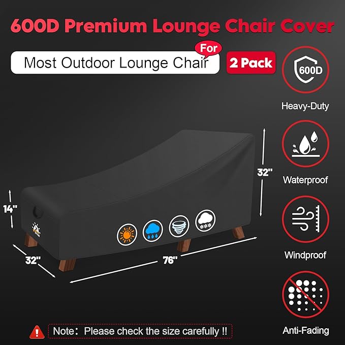 Zettum Outdoor Lounge Chair Cover 2 Pack - Waterproof Patio Chaise Lounge Chair Cover, 600D Fade-Resistant Outdoor Seating Covers For Pool Lounge Chair, Lawn Bench Furniture 76 x 32 x 32 Inch