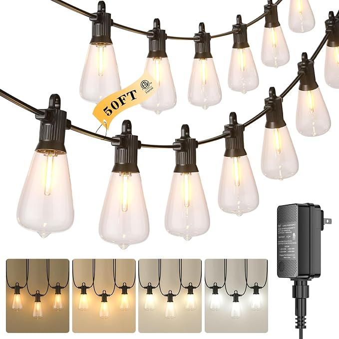 Kawaya Outdoor String Lights for Patio - ST38 Outside IP65 Waterproof Hanging Light with 2700k~6000k Dimmable - 50FT Led Edison Lights for Cafe Bistro Yard Gazebo Porch
