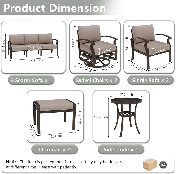 Kullavik Aluminum Patio Furniture Set,8 Piece Modern Metal Outdoor Patio Furniture w/5.1'' Thick Cushion,Swivel Chairs and Ottomans,Patio Conversation Sets for Porch,Deck,Sand