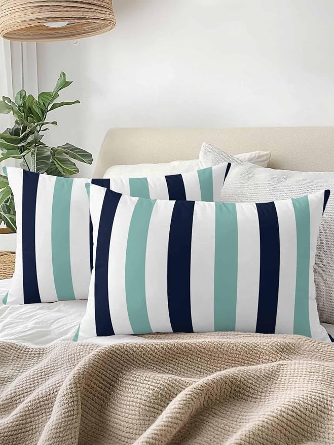 Outdoor Pillows Waterproof, Turquoise Navy Blue Striped Bedding Throw Pillows with Insert for Couch Sofa Bed, Farmhouse Stripe Art 12x20 Inch Pillowcases Camping Patio Pillow Set of 2