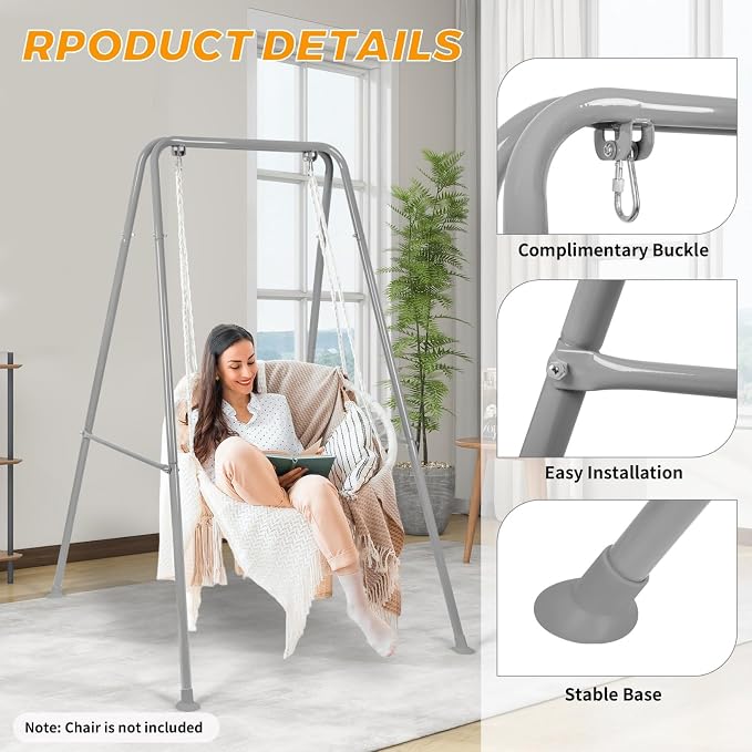 Swing Stand Only, Hammock Chair Stand, Heavy-Duty Metal Stand, Multi-Use Swing Frame for Indoor and Outdoor, Backyard, Max Load 300lbs, Hammock Chair not Included (Grey)